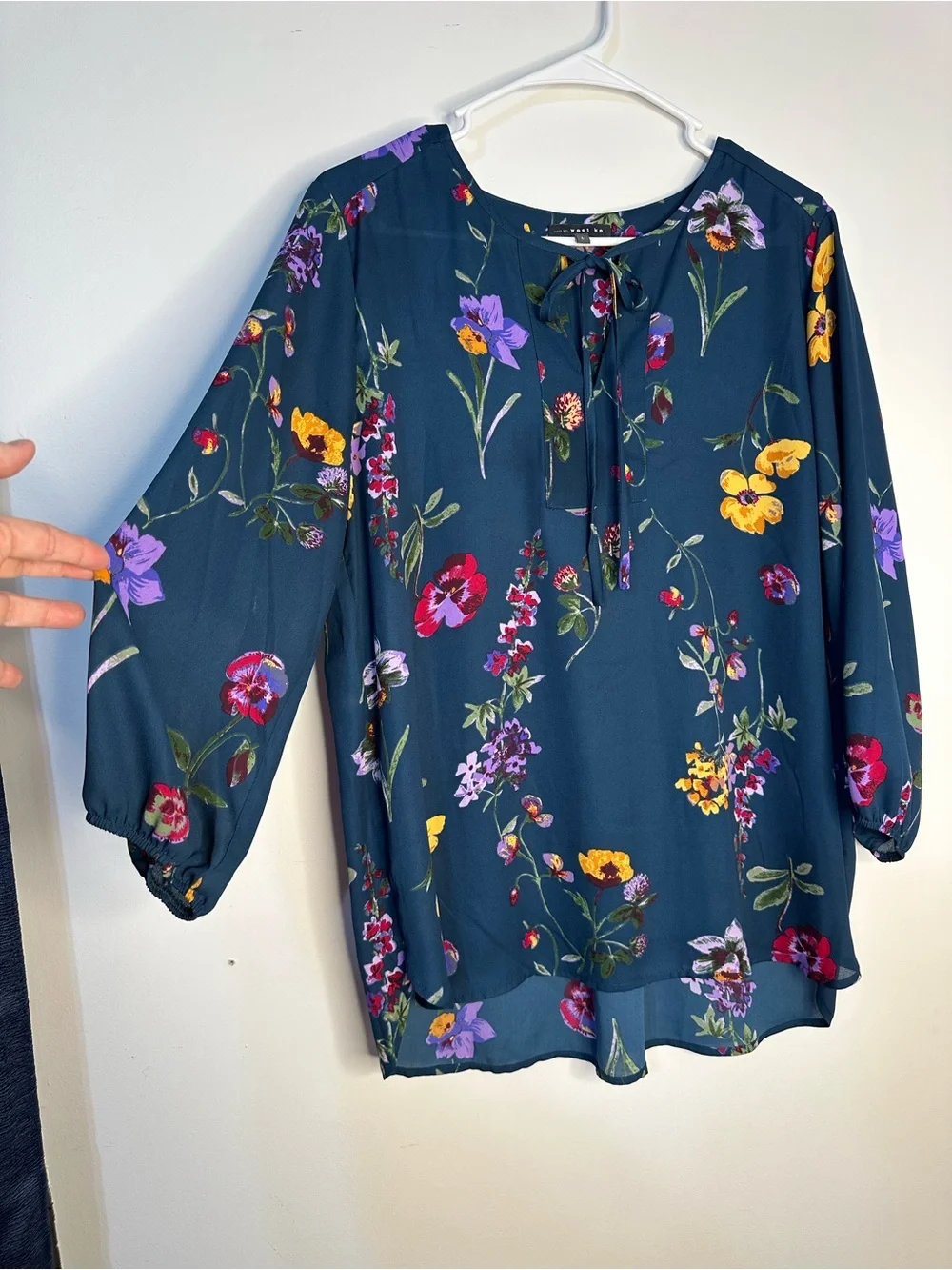 Floral Tie-Neck Blouse - Teal Multi - Picture 3 of 4